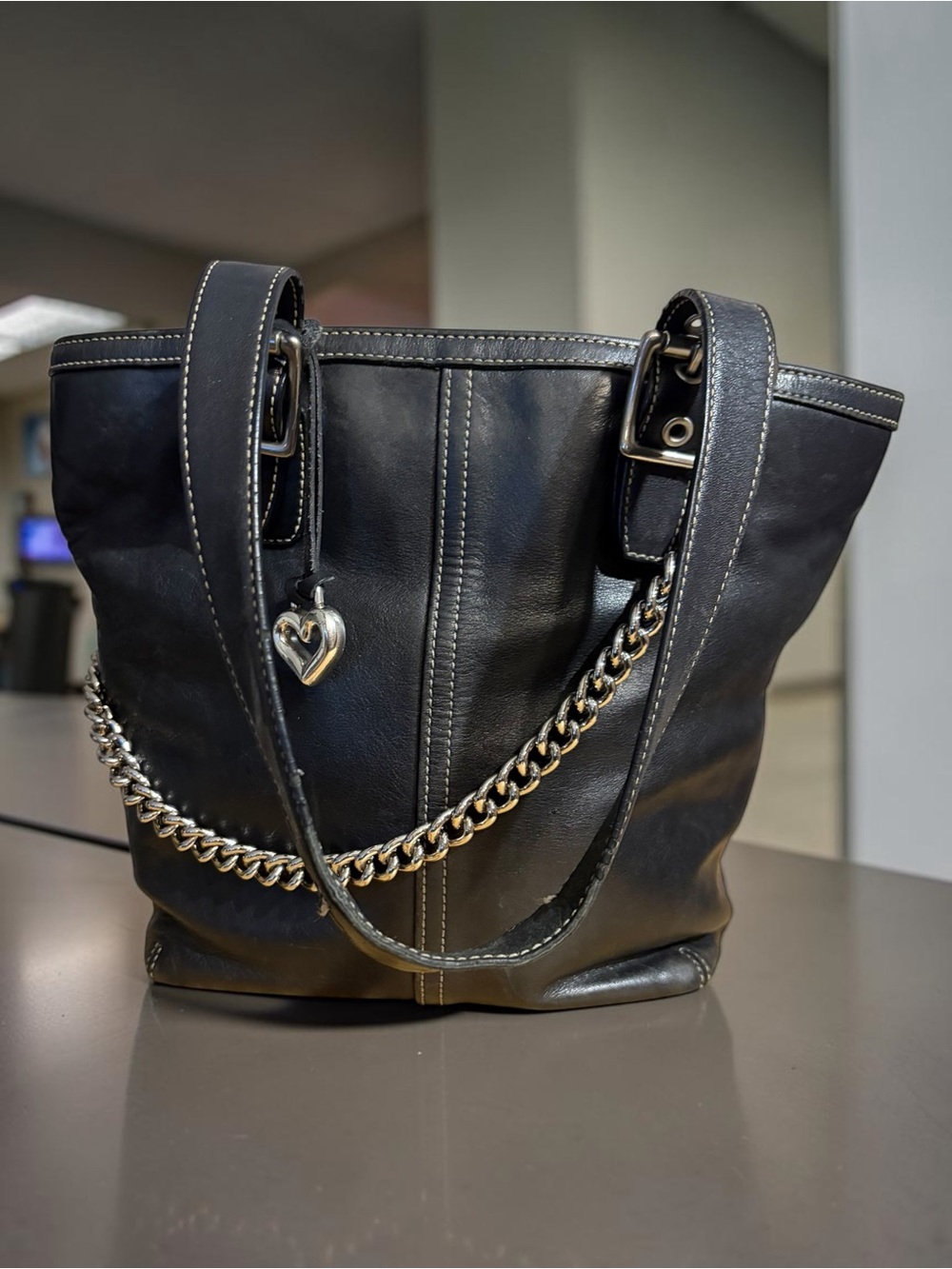 Vintage Coach Black Leather Small Tote Shoulder Bag Silver Chain & Heart Charm